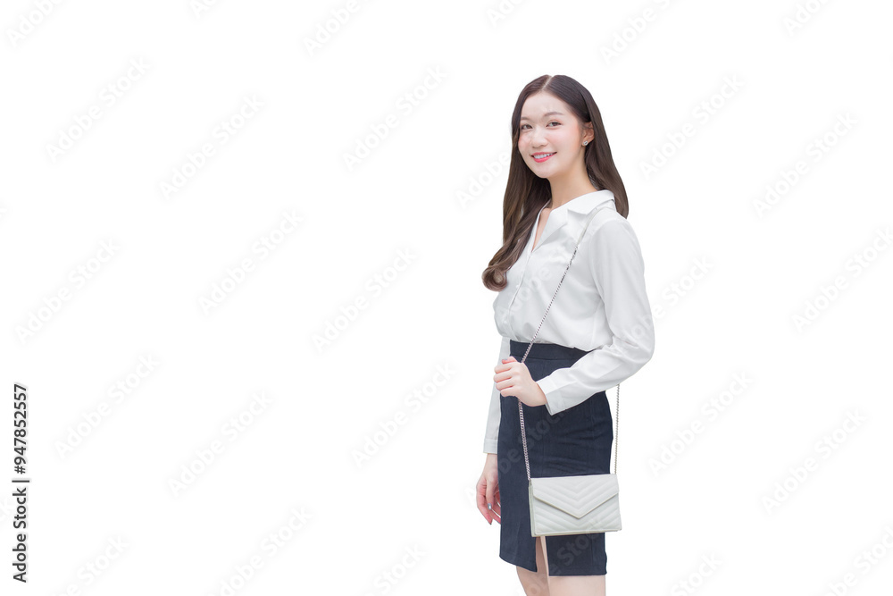Professional Asian confident business working woman who has long hair with white shirt is walking to office and arm crossing while isolated white background. Professional Asian confident business working woman who has long hair with white shirt is walking to office and arm crossing while isolated white background.