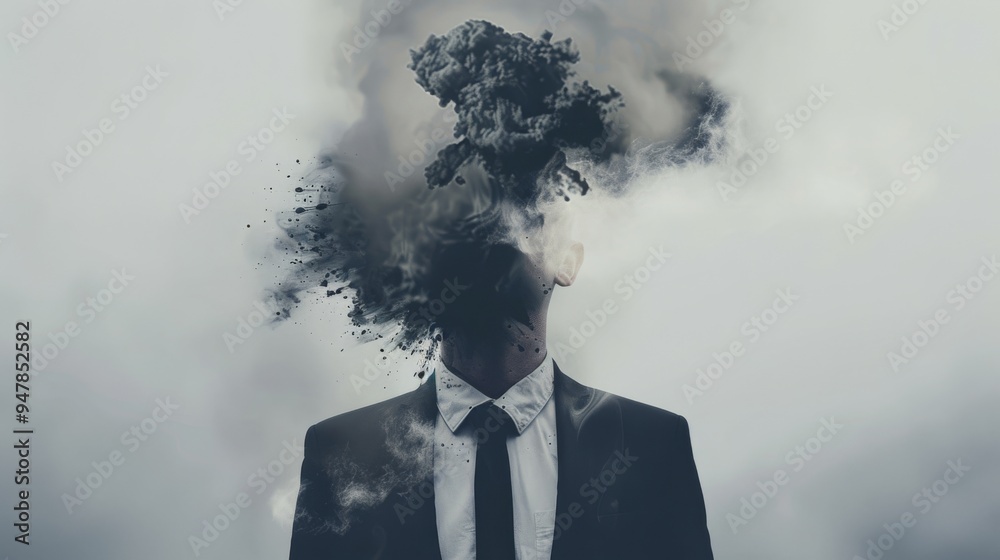 This surreal portrait features a man in a suit with his head replaced by an abstract burst of dark smoke, blending mystery and imagination. This surreal portrait features a man in a suit with his head replaced by an abstract burst of dark smoke, blending mystery and imagination.