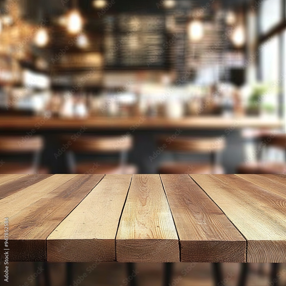 Wooden board empty table in front of blurred background. Perspective brown wood over blurred in a cafe - can be used to display or mount your products. Wooden board empty table in front of blurred background. Perspective brown wood over blurred in a cafe - can be used to display or mount your products.