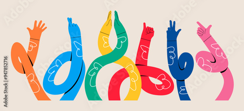 Funny long hands different elements, various finger gestures. Sales concept for advertising. Colorful vector illustration