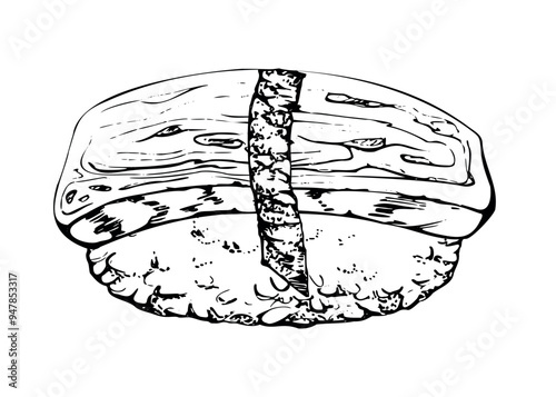 Japanese food nigiri sushi tamagoyaki omelette tofu pancake cheese on rice ball, seaweed nori flakes, hand drawn in vector pen, ink. Illustration for restaurant, cafe menu, kitchen print, recipe book