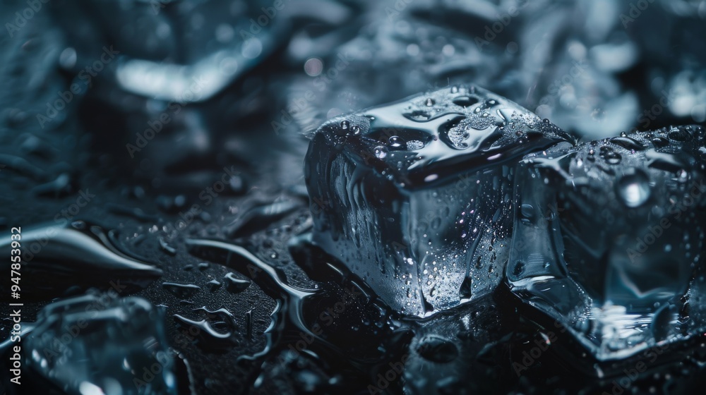 Ice cubes on a wet, dark surface, captured in a close-up to highlight the texture and droplets, exuding a sense of frosty refreshment. Ice cubes on a wet, dark surface, captured in a close-up to highlight the texture and droplets, exuding a sense of frosty refreshment.