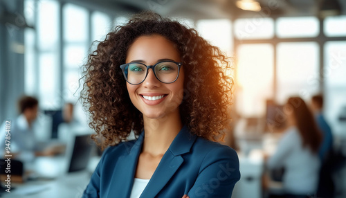 A portrait of a confident, smiling professional woman with curly hair and glasses, standing