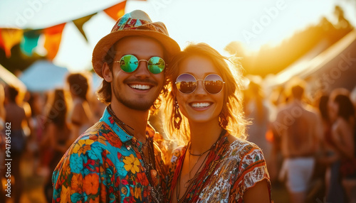 A vibrant, sunlit photo of a bohemian couple at a music festival. They are both smiling, wearing 