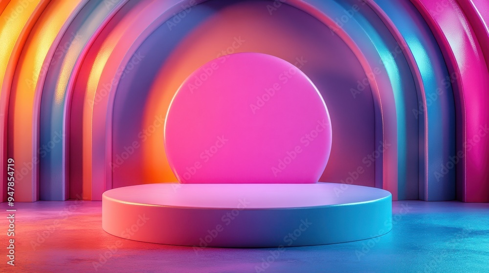 Vibrant Neon Abstract Background with Circular Podium and Colorful Arches in Modern Studio Setting Vibrant Neon Abstract Background with Circular Podium and Colorful Arches in Modern Studio Setting