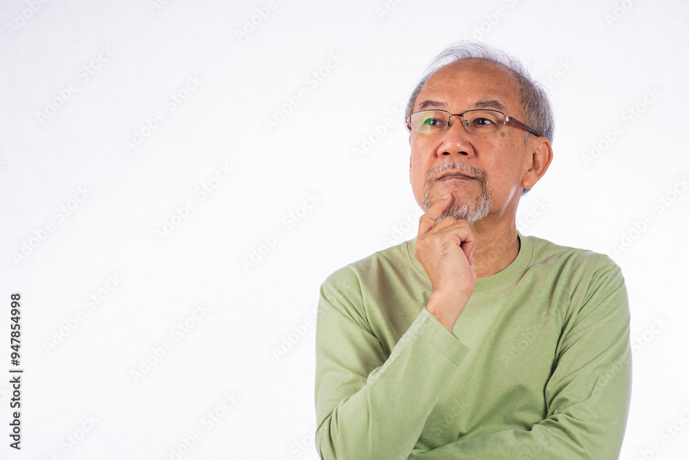 Portrait Asian grey haired with glasses senior man face thinking about something studio shot isolated on white background, elderly with a thoughtful expression holds chin thinking about question Portrait Asian grey haired with glasses senior man face thinking about something studio shot isolated on white background, elderly with a thoughtful expression holds chin thinking about question