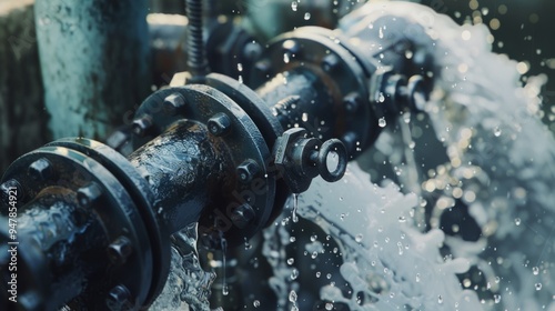 Close-up of water dramatically bursting from an industrial pipe, glistening droplets captured mid-air, illustrating an intense moment of pressure release. photo