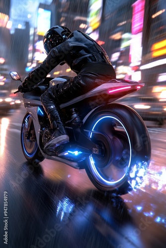 A motorcyclist in black gear rides through a city in the rain, surrounded by blurred colorful lights and reflections, embodying speed and adventure. photo