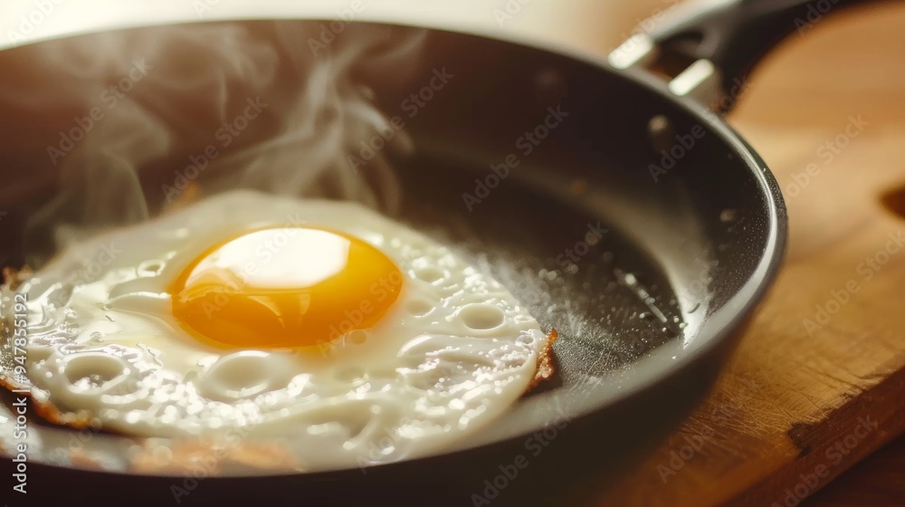 A perfectly cooked sunny-side-up egg sizzles in a black frying pan, its golden yolk contrasting with the crispy edges of the egg white. A perfectly cooked sunny-side-up egg sizzles in a black frying pan, its golden yolk contrasting with the crispy edges of the egg white.