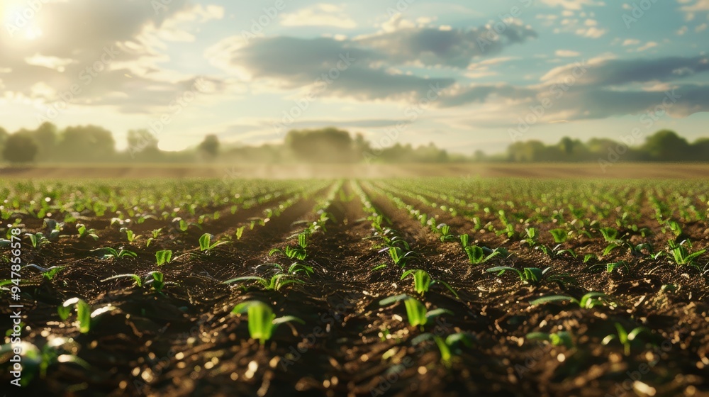 Sustainable Agriculture Vibrant NoTill Farming Scene with Irrigation in Golden Hour Glow Sustainable Agriculture Vibrant NoTill Farming Scene with Irrigation in Golden Hour Glow