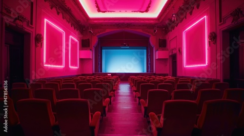 Empty Movie Theater with Neon Lights