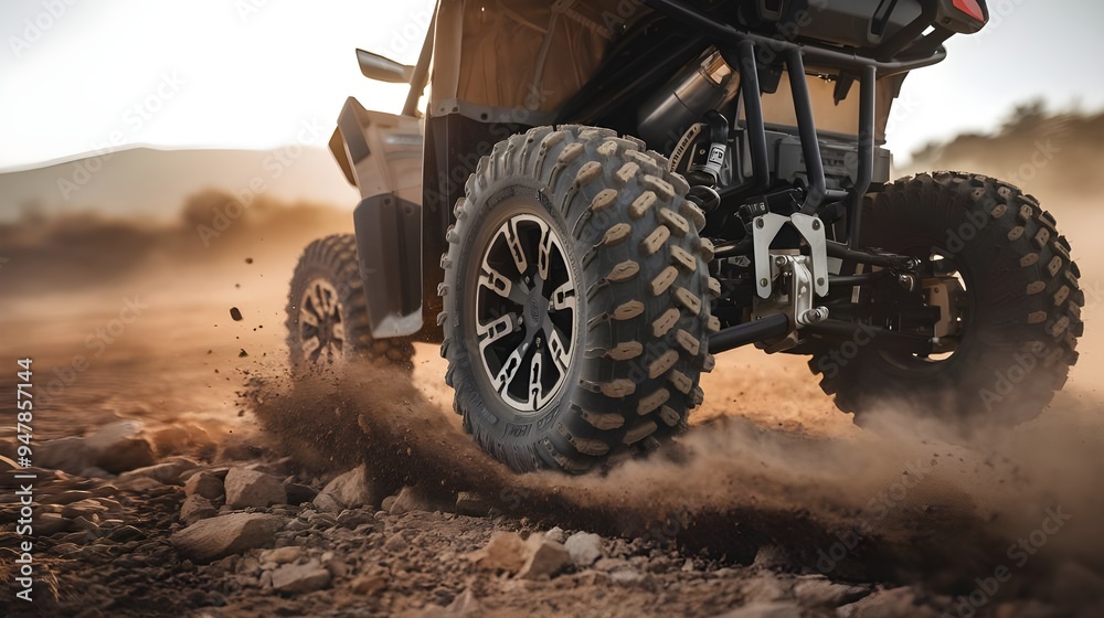 ATV Wheels Kicking Up Dust on Desert Offroad, Quad Bike Adventure in Desert Offroad Terrain, ATV Quad Bike Wheels in Action on Desert Trails ATV Wheels Kicking Up Dust on Desert Offroad, Quad Bike Adventure in Desert Offroad Terrain, ATV Quad Bike Wheels in Action on Desert Trails