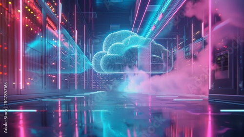 A futuristic data center features a floating cloud hologram amidst neon lights and streams of data, encapsulating digital transformation and technology advancement.