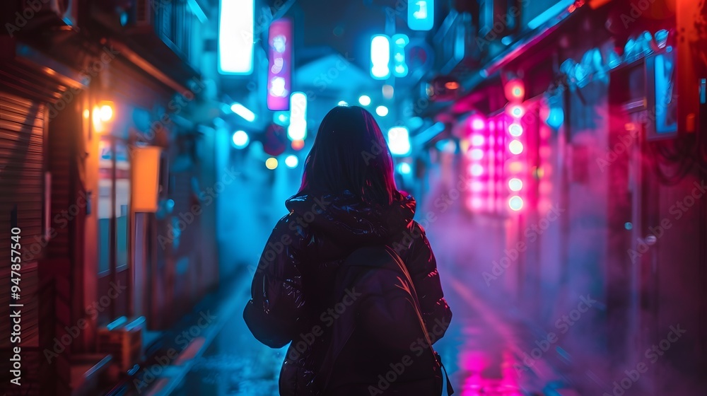 Person in a neon-lit alley, bokeh lights and rave feel, beautiful mind visuals Person in a neon-lit alley, bokeh lights and rave feel, beautiful mind visuals