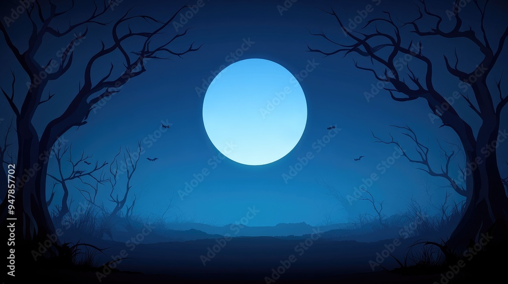 Fototapeta premium A haunting full moon in a dark, eerie forest creates a spooky, atmospheric scene perfect for Halloween themes and mysterious backdrops.
