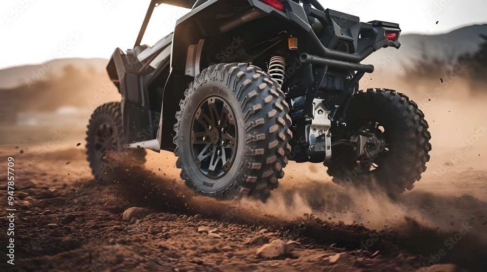 ATV Wheels Kicking Up Dust on Desert Offroad, Quad Bike Adventure in Desert Offroad Terrain, ATV Quad Bike Wheels in Action on Desert Trails ATV Wheels Kicking Up Dust on Desert Offroad, Quad Bike Adventure in Desert Offroad Terrain, ATV Quad Bike Wheels in Action on Desert Trails