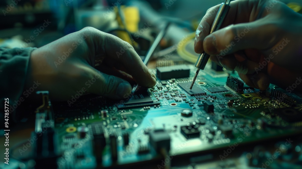 Hands expertly using a soldering pen on an intricate circuit board, surrounded by various electronic components and tools. Hands expertly using a soldering pen on an intricate circuit board, surrounded by various electronic components and tools.
