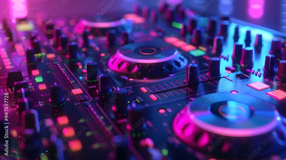 Obraz premium DJ set with neon colors and bokeh effect, futuristic vibe and beautiful mind style