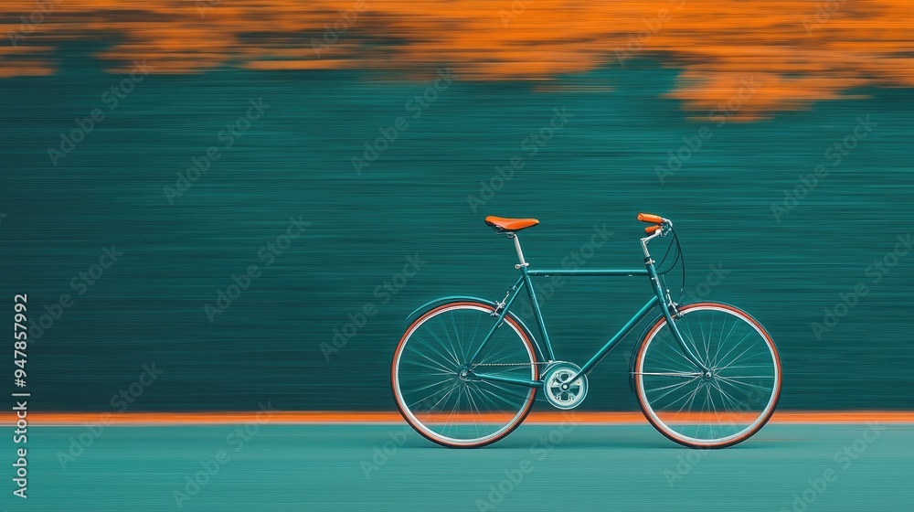 Fototapeta premium A sleek vintage bicycle with an orange saddle is captured in motion against a blurred green and orange background.