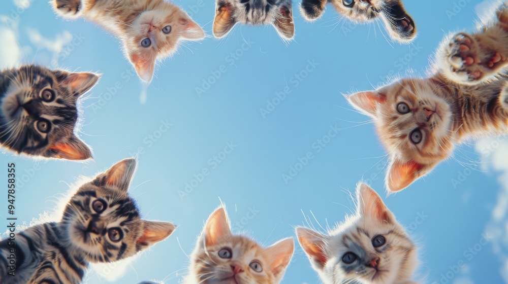 Obraz premium A group of curious kittens peer down, forming a circle against a bright blue sky, radiating warmth and curiosity.