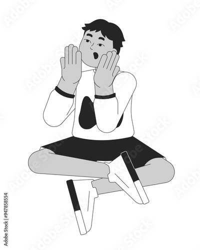 Open mouth boy omg reacting black and white 2D line character. Shocked kid. Preteen surprised. Middle eastern male child wow astonished isolated vector outline person. Monochromatic spot illustration