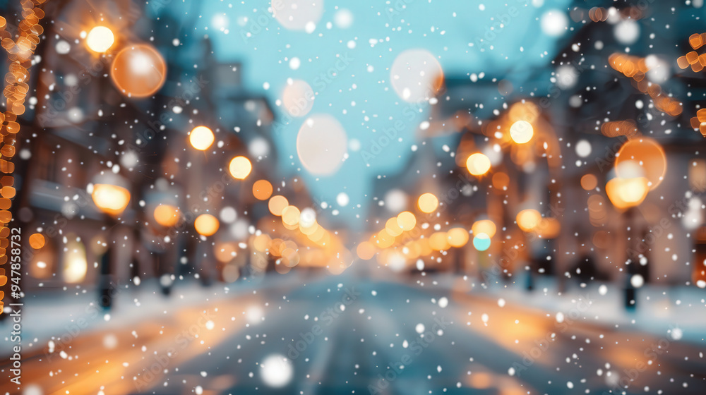 Naklejka premium Winter Evening Bliss, a bustling city street enveloped in soft snowfall, twinkling lights adorn storefronts, creating a warm, festive atmosphere amidst the chill.