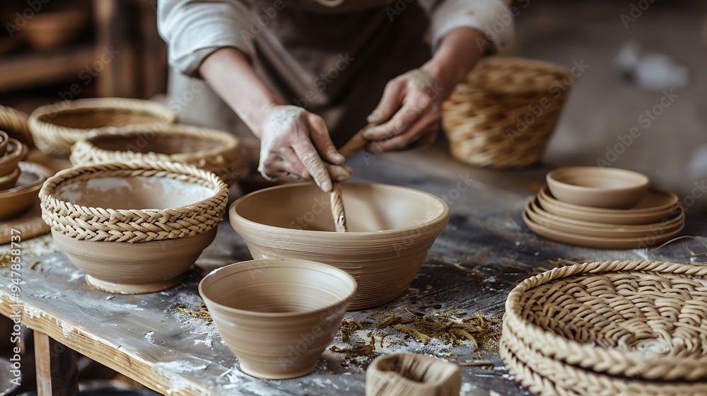 Crafting clay handwoven pottery dishes on the table