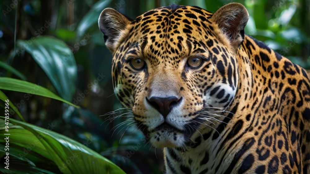 Obraz premium Jaguar face in lush tropical jungle, close-up