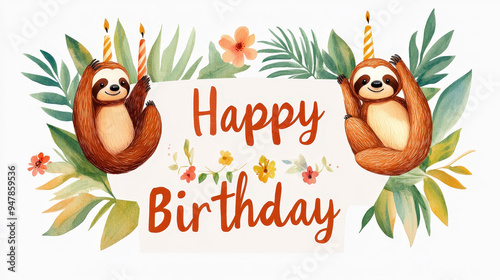 Adorable sloths hanging from a birthday banner, with colorful leaves and flowers, and 