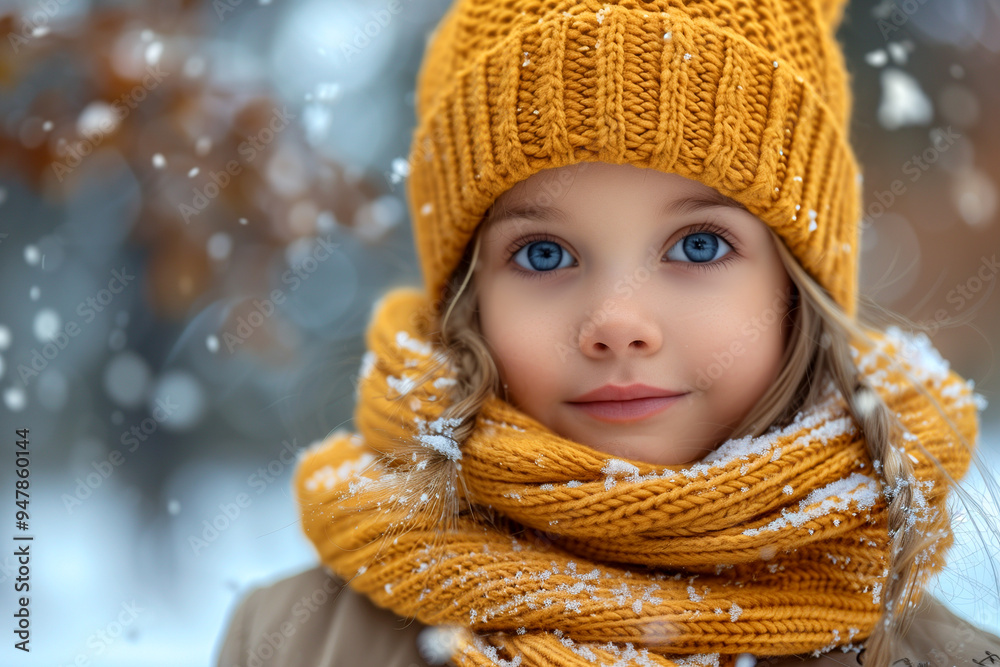 A young girl wearing a yellow hat and scarf is smiling at the camera. The image has a warm and cheerful mood, as the girl appears to be enjoying the winter weather A young girl wearing a yellow hat and scarf is smiling at the camera. The image has a warm and cheerful mood, as the girl appears to be enjoying the winter weather