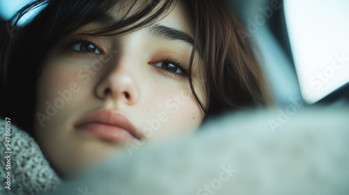 Close-up of a young woman with a gentle expression wrapped in warm clothing, capturing the softness of her demeanor and the quiet introspection of a serene winter moment. photo