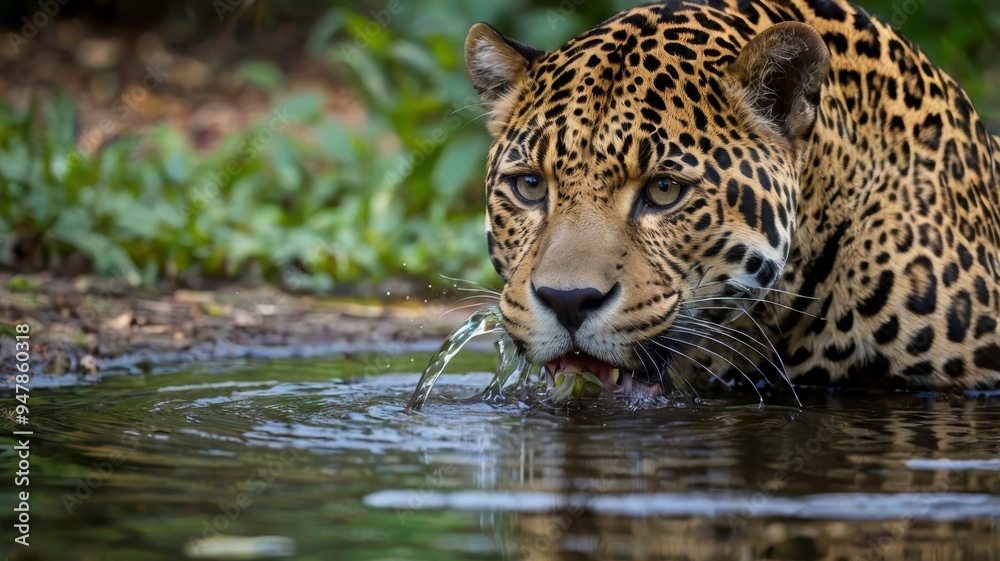 Jaguar quenching thirst at jungle pond Jaguar quenching thirst at jungle pond