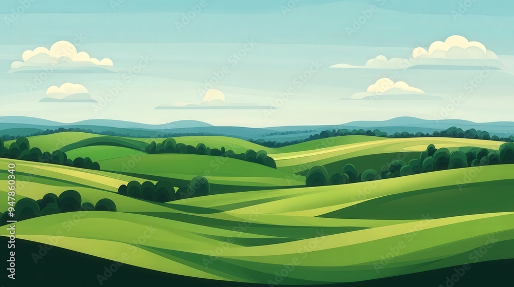 Lush Countryside Serenity, vibrant green fields stretch across rolling hills, a harmonious blend of simple shapes and colors creating a tranquil rural landscape. Lush Countryside Serenity, vibrant green fields stretch across rolling hills, a harmonious blend of simple shapes and colors creating a tranquil rural landscape.