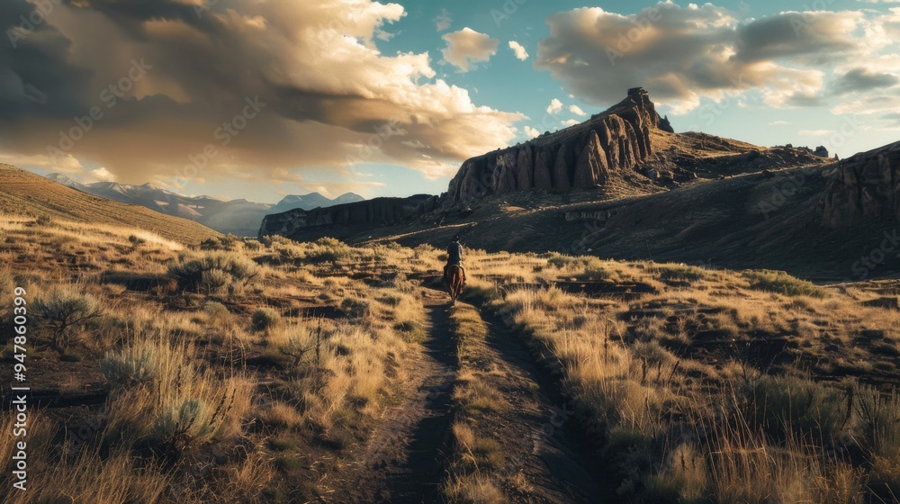 Obraz premium A lone horse rider traverses a rugged trail through expansive, sunlit terrain beneath a dramatic sky, with majestic rock formations in the distance.