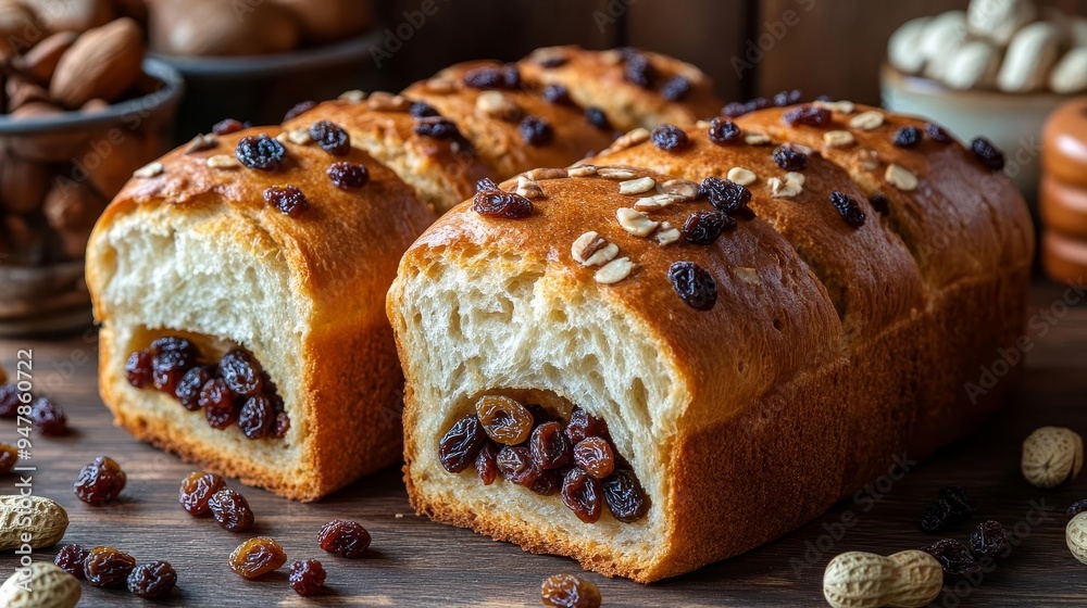 Bread with raisins and nuts, cut open to reveal filling, rustic background, rich mahogany to soft cream gradient, focused textures, deep color contrast, cozy atmosphere Bread with raisins and nuts, cut open to reveal filling, rustic background, rich mahogany to soft cream gradient, focused textures, deep color contrast, cozy atmosphere