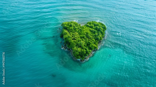 A lush, heart-shaped island surrounded by clear turquoise waters, encapsulating untouched beauty and tranquility from an aerial perspective.