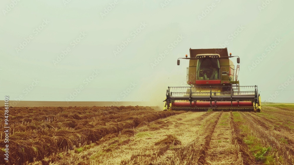Fototapeta premium A combine harvester operates in a vast, sunlit field, reaping crops and leaving neat rows of harvested land behind.