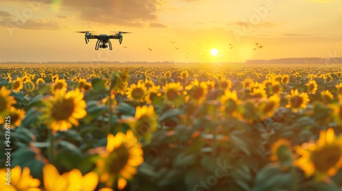 Sunrise Symphony HighTech Drone Capturing Precision Farming in Vibrant Sunflower Field