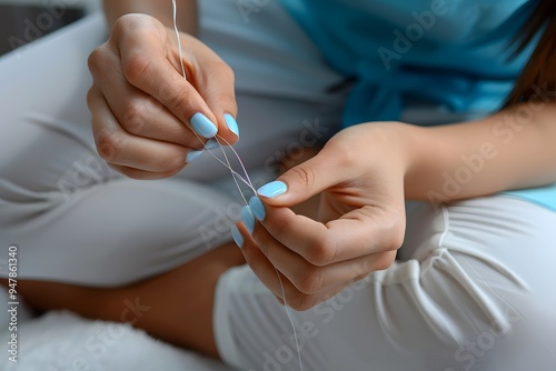 A Close-Up of Hands Threading a Needle with Light Blue Nail Polish