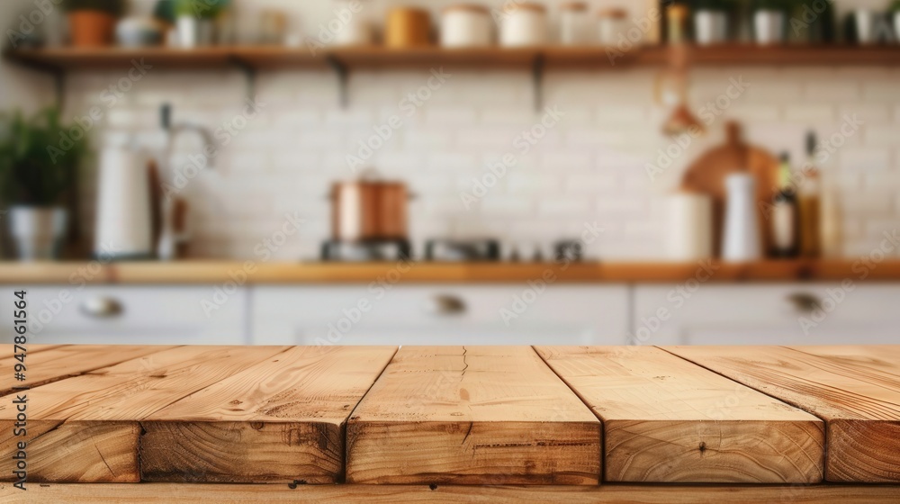 Rustic wooden table in a modern gourmet kitchen, showcasing a blend of contemporary design and culinary elegance, inviting atmosphere for cooking and gathering Rustic wooden table in a modern gourmet kitchen, showcasing a blend of contemporary design and culinary elegance, inviting atmosphere for cooking and gathering