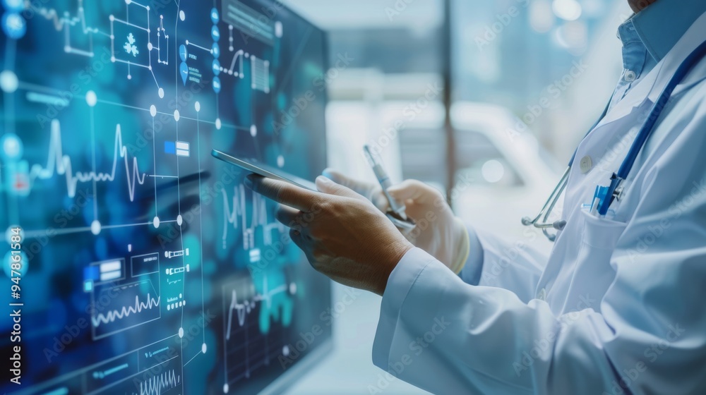 A doctor examines multiple health data on a digital screen, embodying modern medical practices and the role of digital technology in healthcare. A doctor examines multiple health data on a digital screen, embodying modern medical practices and the role of digital technology in healthcare.