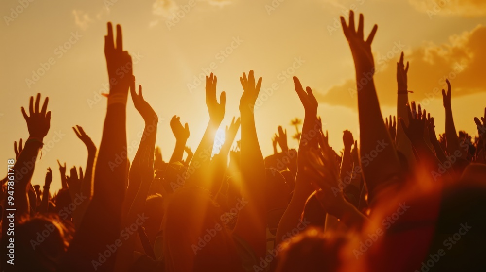 People rejoice with raised hands reaching for the sky during a mesmerizing sunset, creating a silhouette of sheer exuberance and collective spirit. People rejoice with raised hands reaching for the sky during a mesmerizing sunset, creating a silhouette of sheer exuberance and collective spirit.