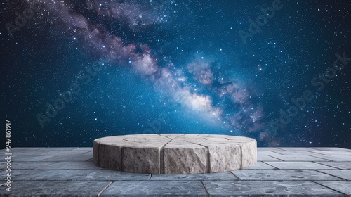 Celestial Stone Podium, an enchanting stone structure set against a mesmerizing starry night sky, evoking a sense of wonder and cosmic beauty. photo