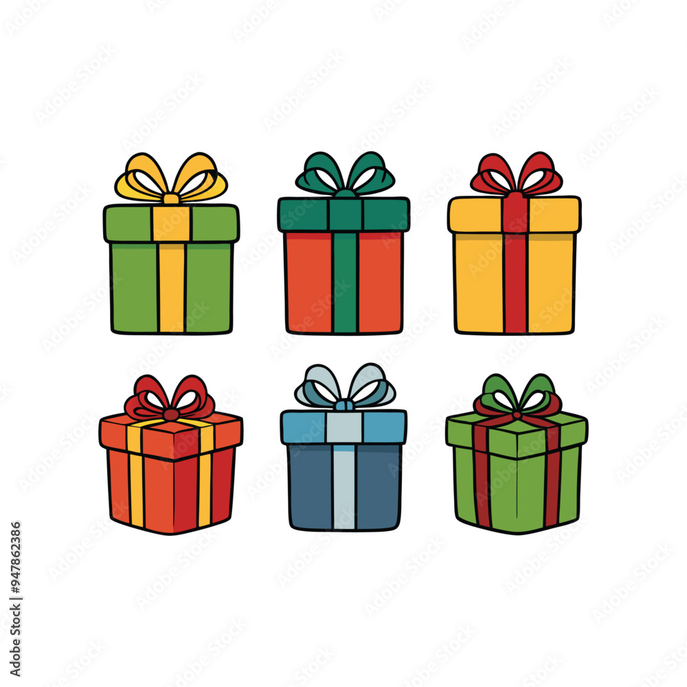 set of Christmas gifts box, isolated on white background, cartoon illustrations, vector illustration, flat color illustration with no outline, using solid colors with simple details, vector style set of Christmas gifts box, isolated on white background, cartoon illustrations, vector illustration, flat color illustration with no outline, using solid colors with simple details, vector style