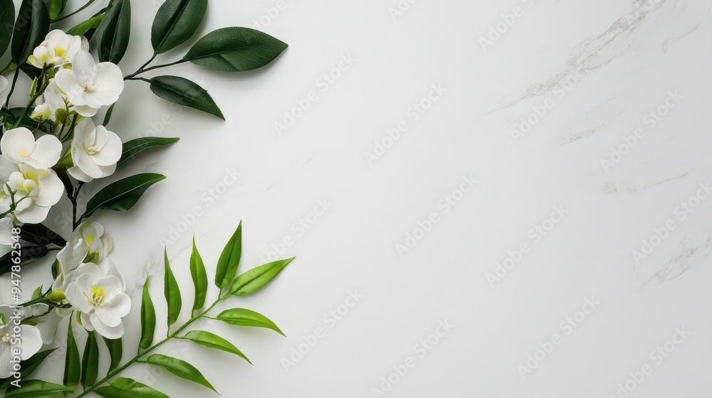 White Marble Background with Fresh Greenery, Ideal for Elegant and Luxurious Minimalist Copyspace Backgrounds White Marble Background with Fresh Greenery, Ideal for Elegant and Luxurious Minimalist Copyspace Backgrounds