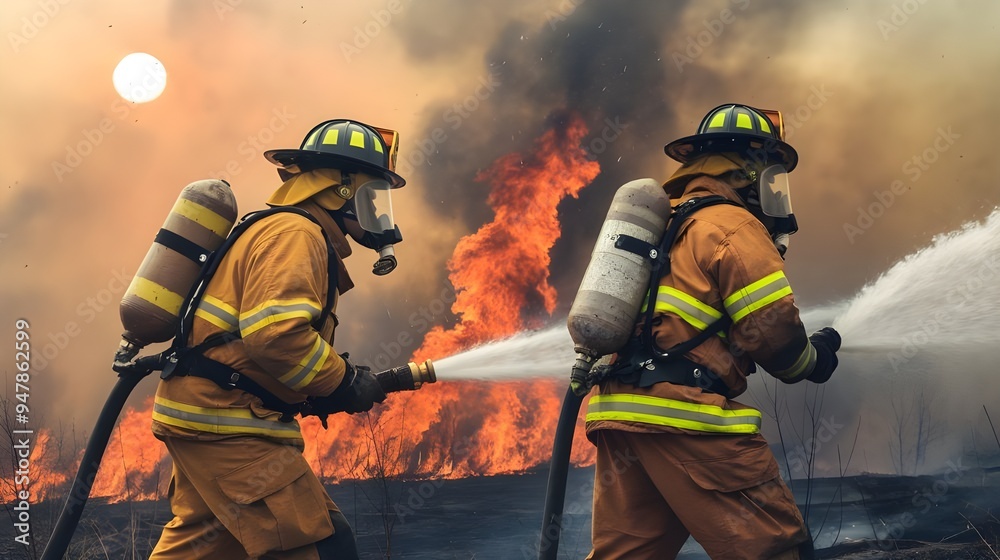 Naklejka premium Firefighters Battling Intense Forest Fire Amid Climate Change, Team of Firefighters Fighting Devastating Wildfire, Forest Fire Emergency Response Team in Action
