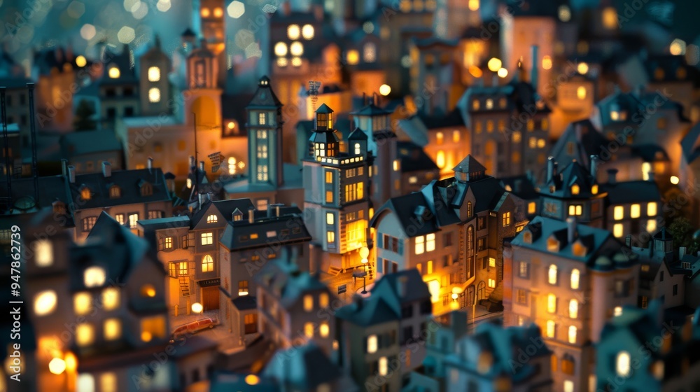 Miniature town at night, with warmly lit windows creating a cozy, magical atmosphere. Miniature town at night, with warmly lit windows creating a cozy, magical atmosphere.