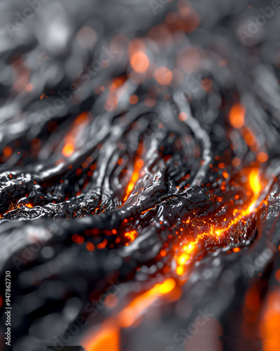 A close up of a lava flow with orange flames. Concept of danger and destruction, as the lava and flames are both powerful and destructive forces of nature. The orange flames add a sense of warmth photo