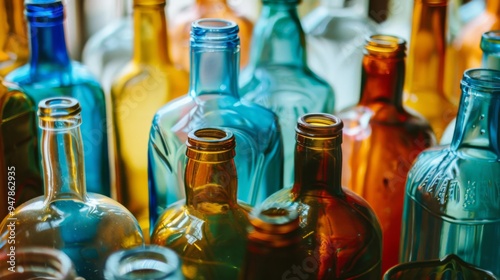 An assortment of colorful glass bottles clustered together, each uniquely shaped and tinted, forming a vibrant and eclectic display.