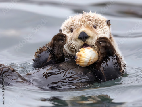 Playful sea otter floats on its back while cracking open a snack in the sun. photo